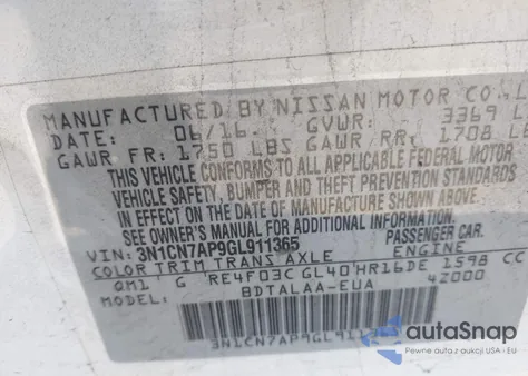 2016 Nissan Versa 1.6 S из США, поврежденный, VIN 3N1CN7AP9GL911365